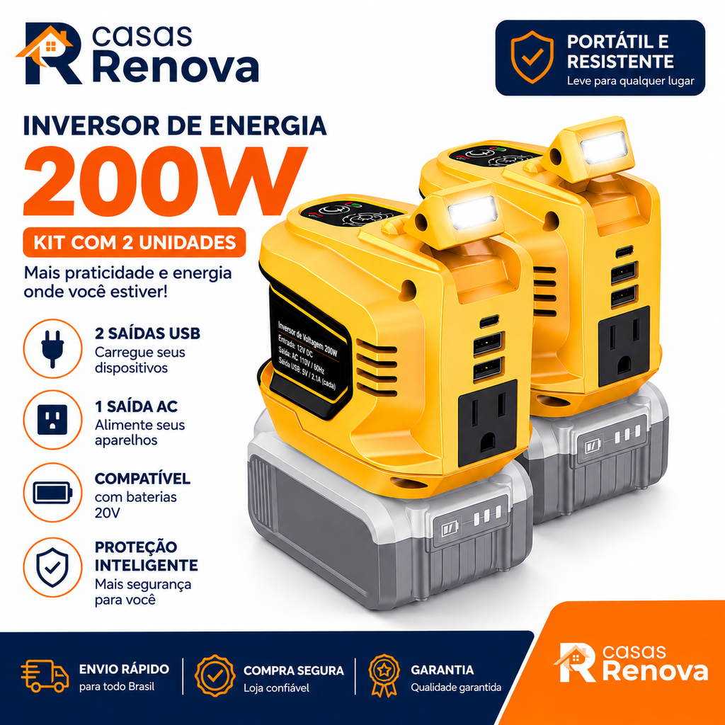 Inversor de Energia 200W para Eletrodomésticos – USB, Tipo-C e Luz LED